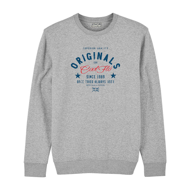 Originals grey sweatshirt featuring a red Cool Flo logo and other navy text.
