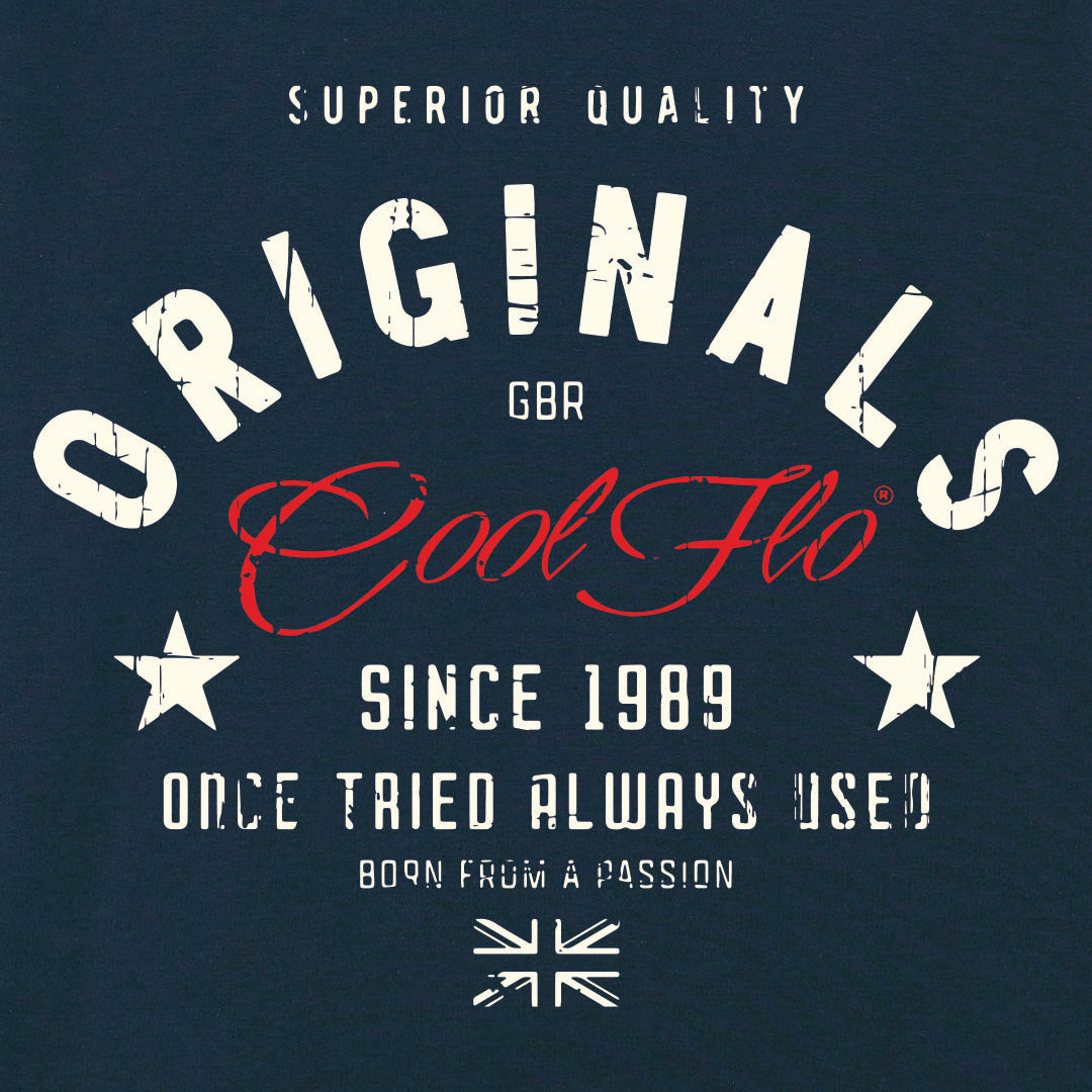 Close-up Originals navy sweatshirt featuring a red Cool Flo logo and other white text.
