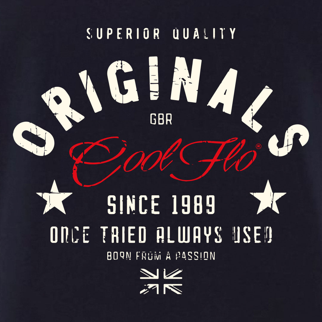 Close-up of Originals t-shirt featuring a red Cool Flo logo and other white text.