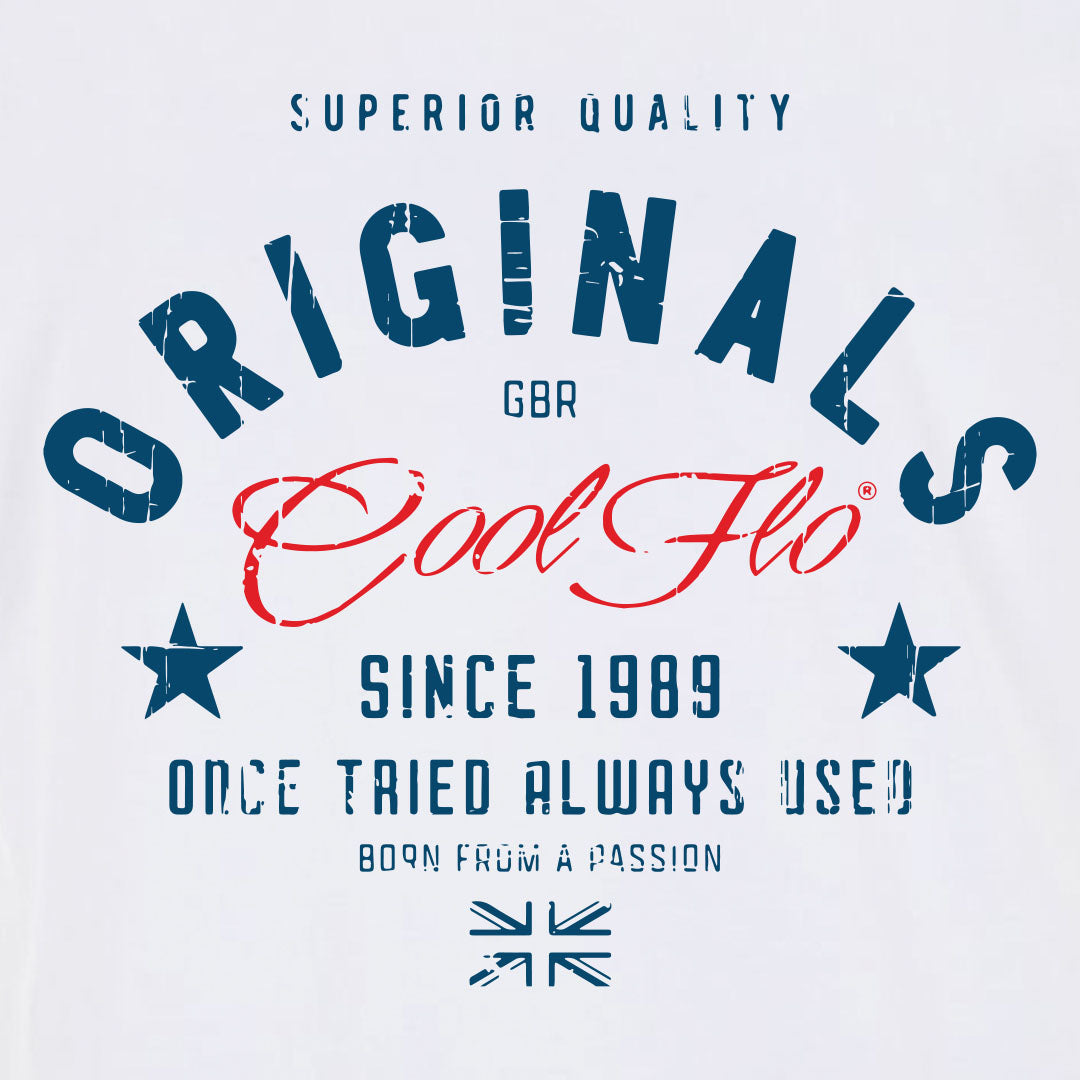 Close-up of Originals t-shirt featuring a red Cool Flo logo and other navy text.