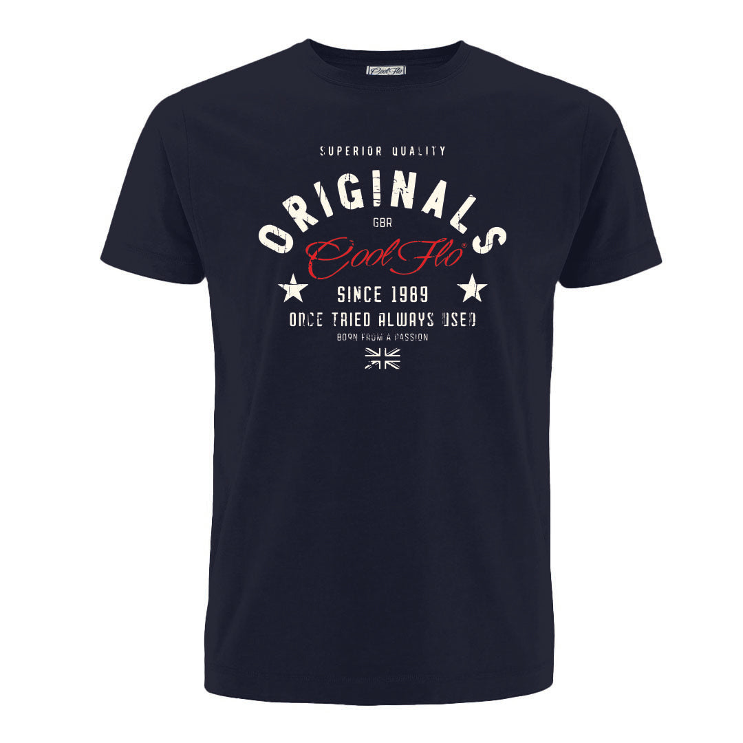 Originals t-shirt featuring a red Cool Flo logo and other white text.