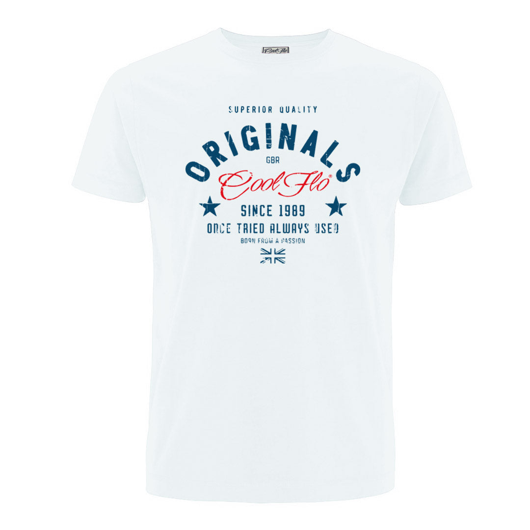 Originals t-shirt featuring a red Cool Flo logo and other navy text.