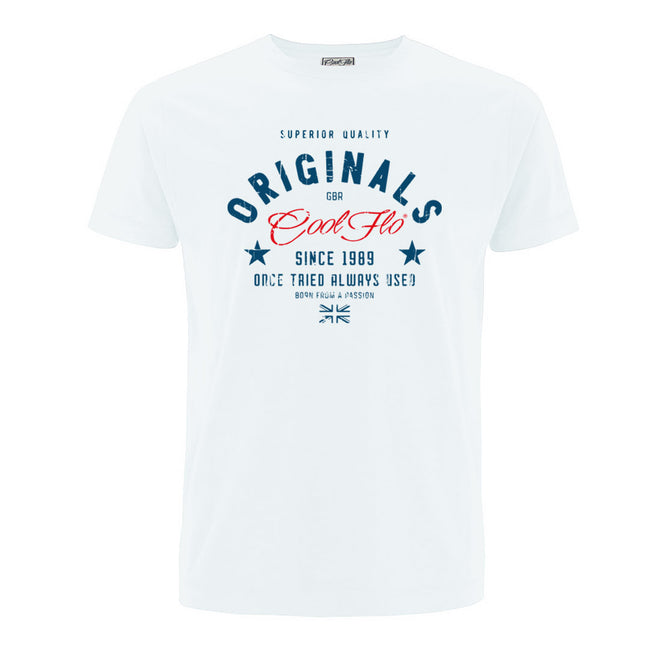 Originals t-shirt featuring a red Cool Flo logo and other navy text.