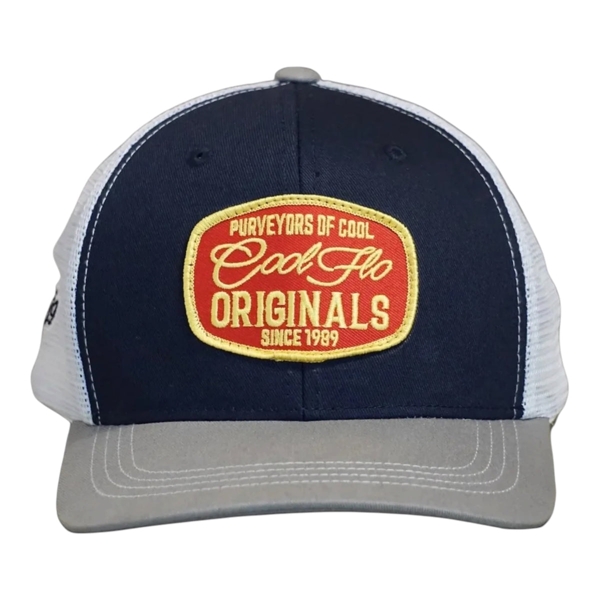 Front view of a Cool Flo Originals trucker cap in Blue/White/Grey featuring an embroidered Originals badge in Red, Yellow and White and a curved visor
