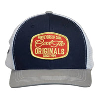 Front view of a Cool Flo Originals trucker cap in Blue/White/Grey featuring an embroidered Originals badge in Red, Yellow and White and a curved visor