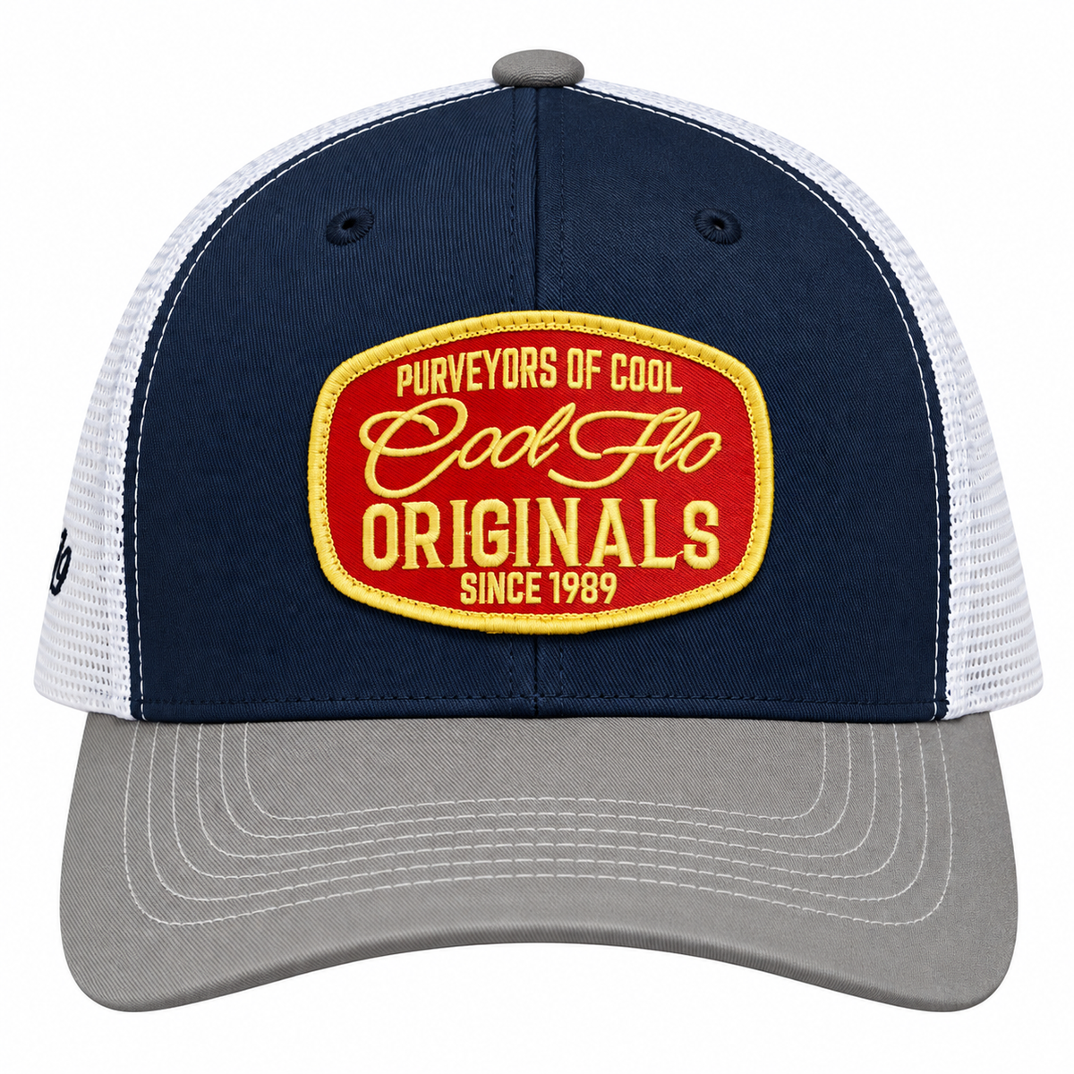 Front view of a Cool Flo Originals trucker cap in Blue/White/Grey featuring an embroidered Originals badge in Red, Yellow and White and a curved visor.