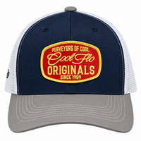 Front view of a Cool Flo Originals trucker cap in Blue/White/Grey featuring an embroidered Originals badge in Red, Yellow and White and a curved visor.