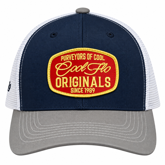 Front view of a Cool Flo Originals trucker cap in Blue/White/Grey featuring an embroidered Originals badge in Red, Yellow and White and a curved visor.