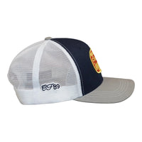Right side view of a Cool Flo Blue/White/Grey Originals trucker cap featuring CF89 embroidered side detail, breathable mesh back panels and adjustable snapback fastening