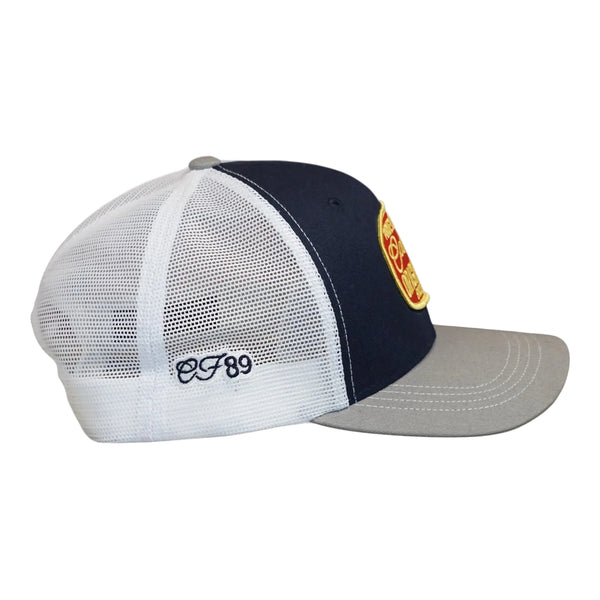 Right side view of a Cool Flo Blue/White/Grey Originals trucker cap featuring CF89 embroidered side detail, breathable mesh back panels and adjustable snapback fastening