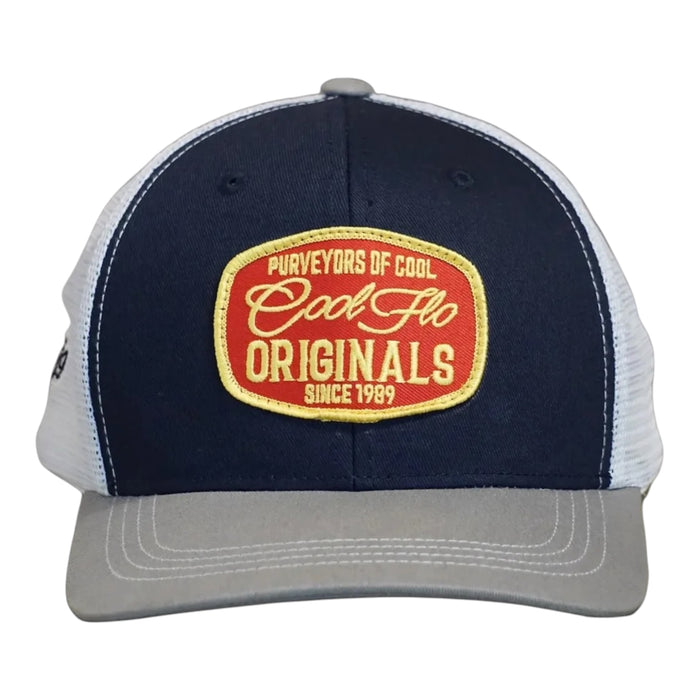 Front view of a Cool Flo Originals trucker cap in Blue/White/Grey featuring an embroidered Originals badge in Red, Yellow and White and a curved visor