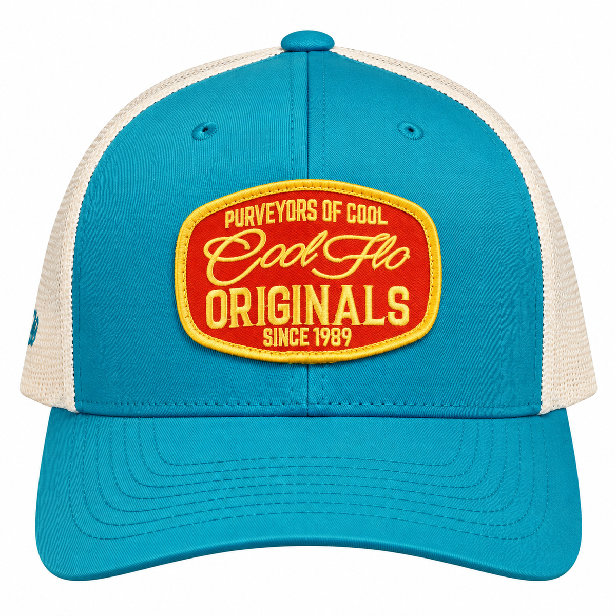 Front view of a Cool Flo Originals trucker cap in Turquoise/White featuring an embroidered Originals badge in Red, Yellow and White and a curved visor.