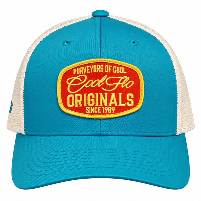 Front view of a Cool Flo Originals trucker cap in Turquoise/White featuring an embroidered Originals badge in Red, Yellow and White and a curved visor.