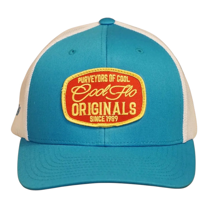 Front view of a Cool Flo Originals trucker cap in Turquoise/White featuring an embroidered Originals badge in Red, Yellow and White and a curved visor