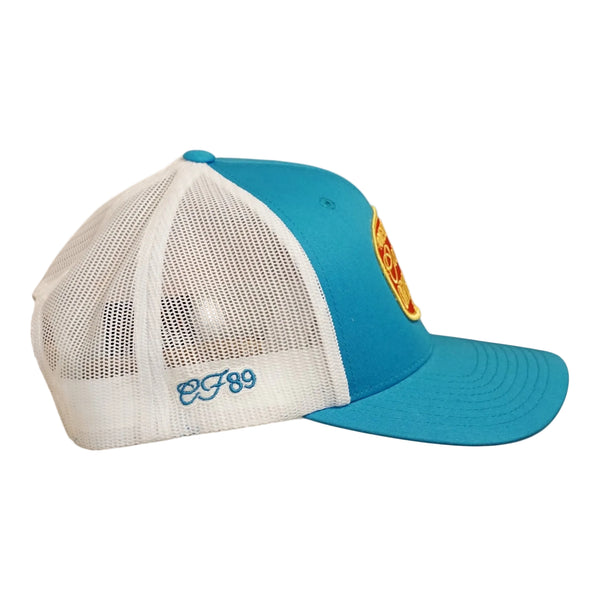 Right side view of a Cool Flo Turquoise/White Originals trucker cap featuring CF89 embroidered side detail, breathable mesh back panels and adjustable snapback fastening
