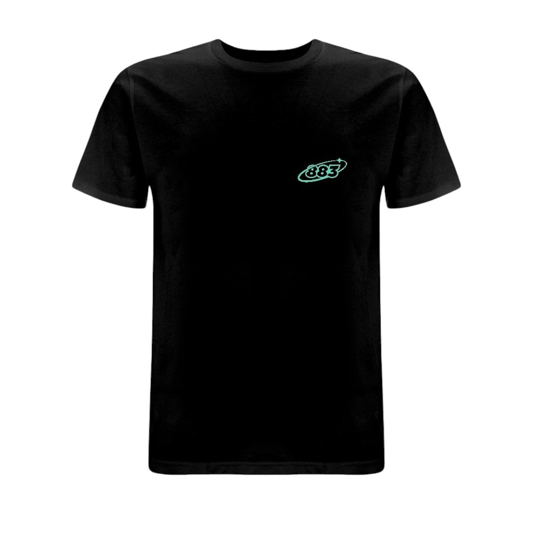 Black Centreforce 883 t-shirt with aqua 883 Orbit logo printed on the left chest.