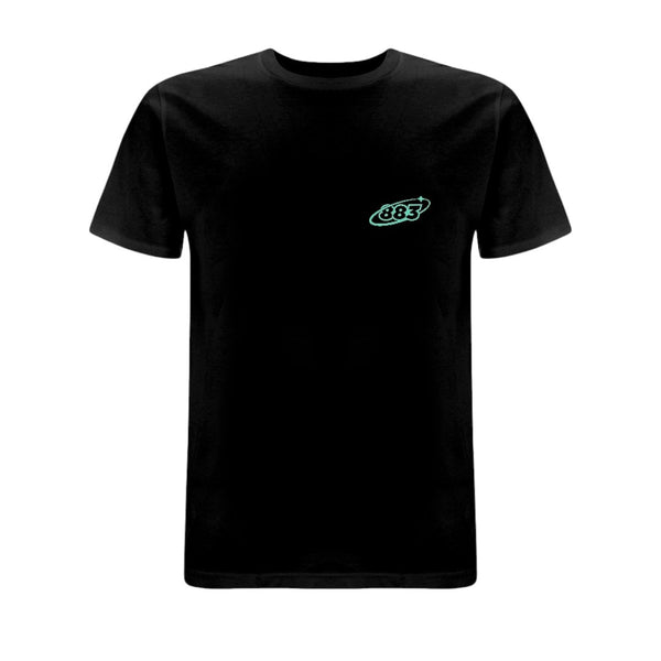 Black Centreforce 883 t-shirt with aqua 883 Orbit logo printed on the left chest.