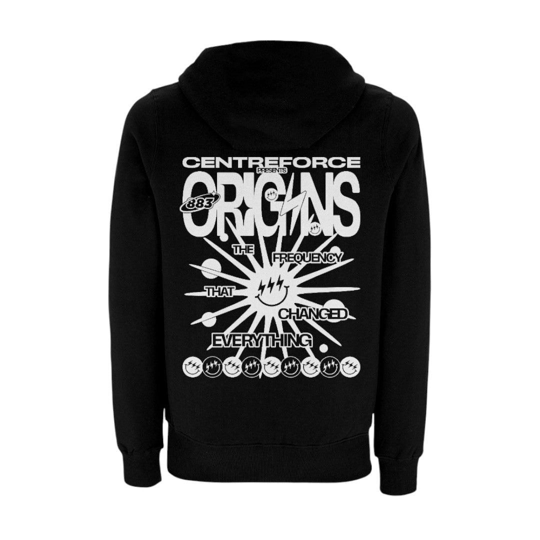 Black Centreforce 883 hoody with large white 'Origins – The Frequency That Changed Everything' graphic printed on the back.
