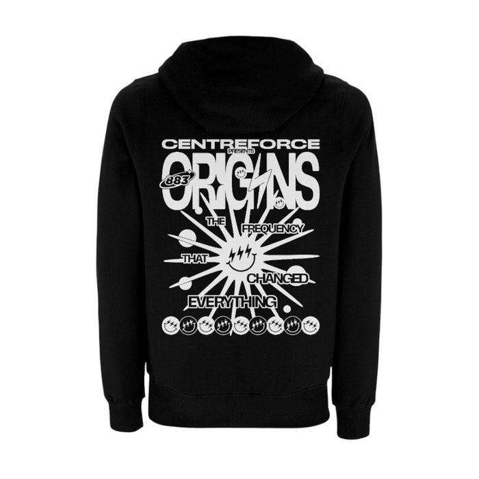 Black Centreforce 883 hoody with large white 'Origins – The Frequency That Changed Everything' graphic printed on the back.