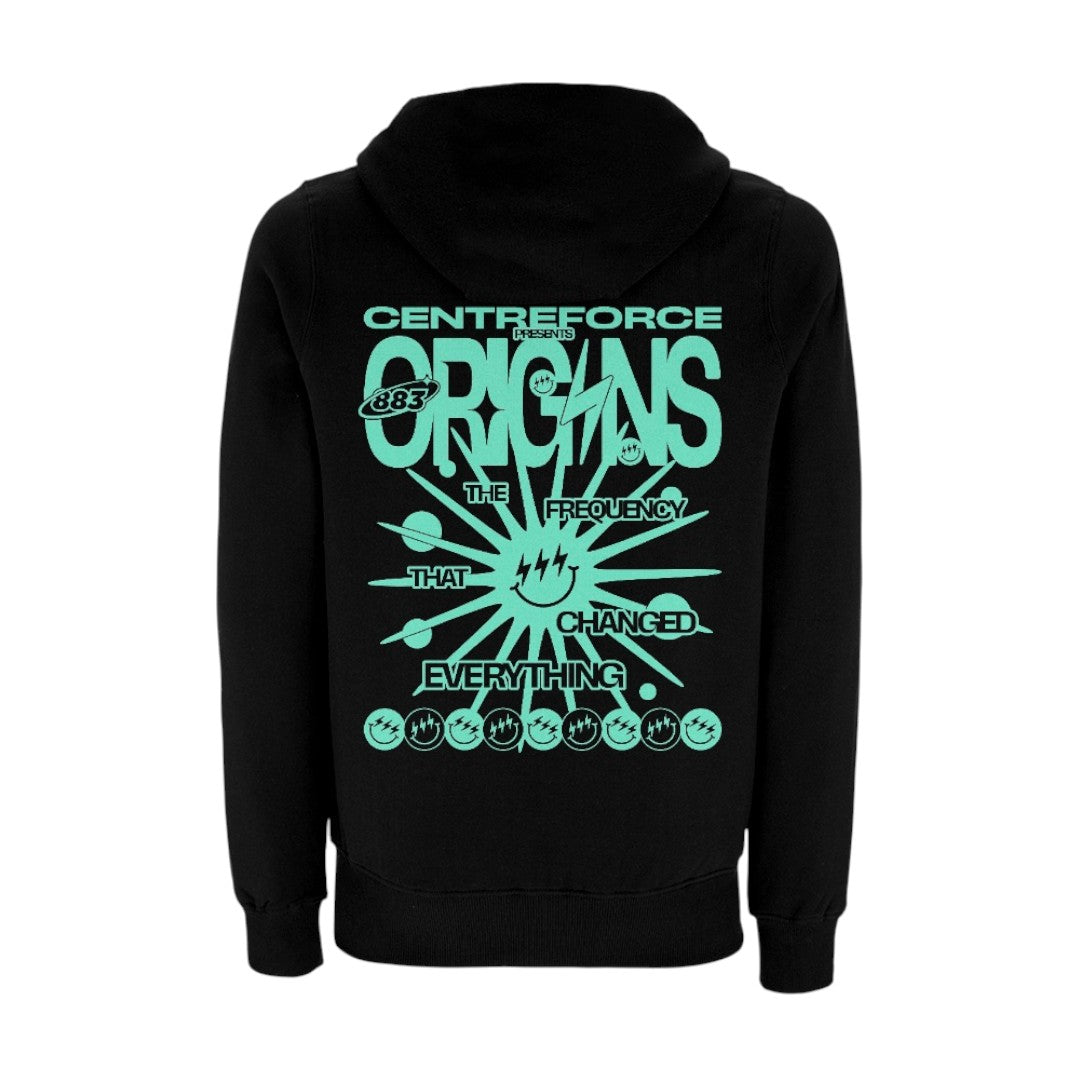 Black Centreforce 883 hoody with large aqua 'Origins – The Frequency That Changed Everything' graphic printed on the back.