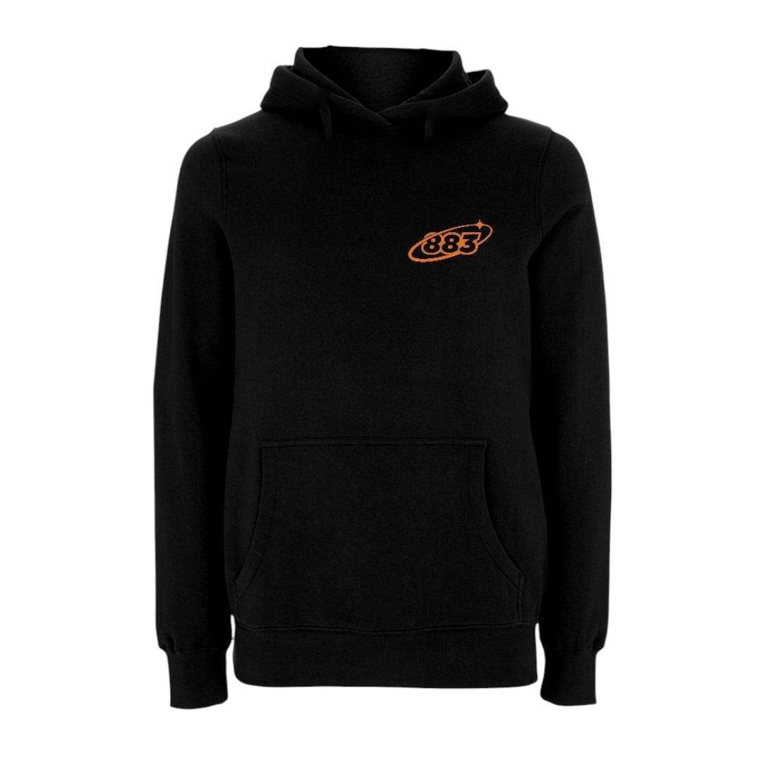 Centreforce black hoody featuring a front left chest 883 starry logo in orange. 