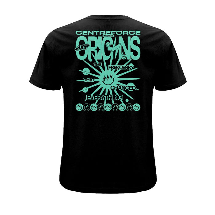 Black Centreforce 883 t-shirt with large aqua 'Origins – The Frequency That Changed Everything' graphic printed on the back.