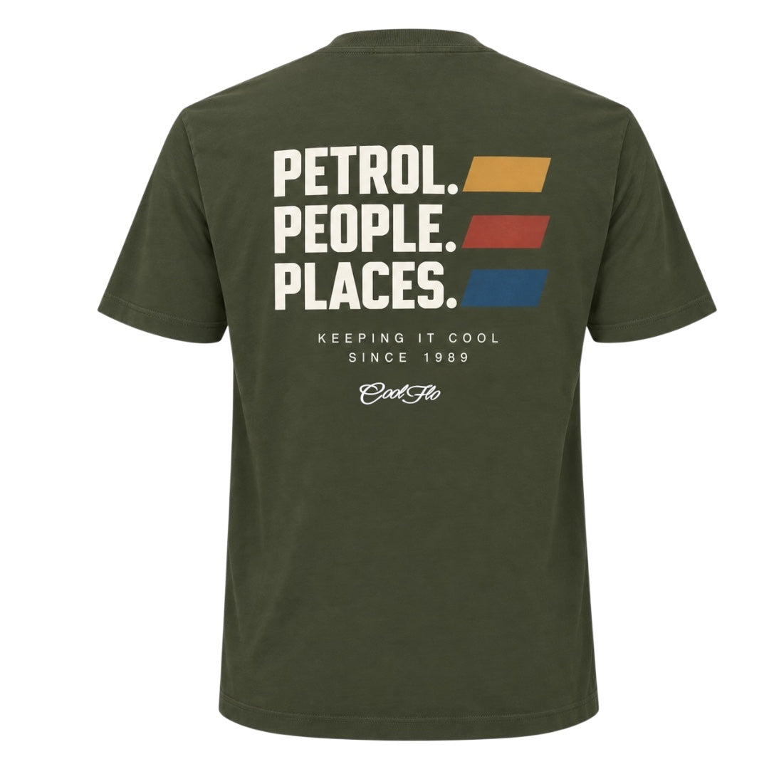 Back view of Khaki Cool Flo Petrol People Places T-shirt. White print with three yellow, red and blue lines to the side and the text Keeping It Cool and the Cool Flo logo in white below.