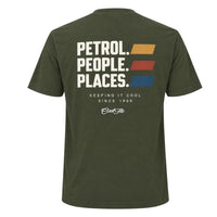 Back view of Khaki Cool Flo Petrol People Places T-shirt. White print with three yellow, red and blue lines to the side and the text Keeping It Cool and the Cool Flo logo in white below.