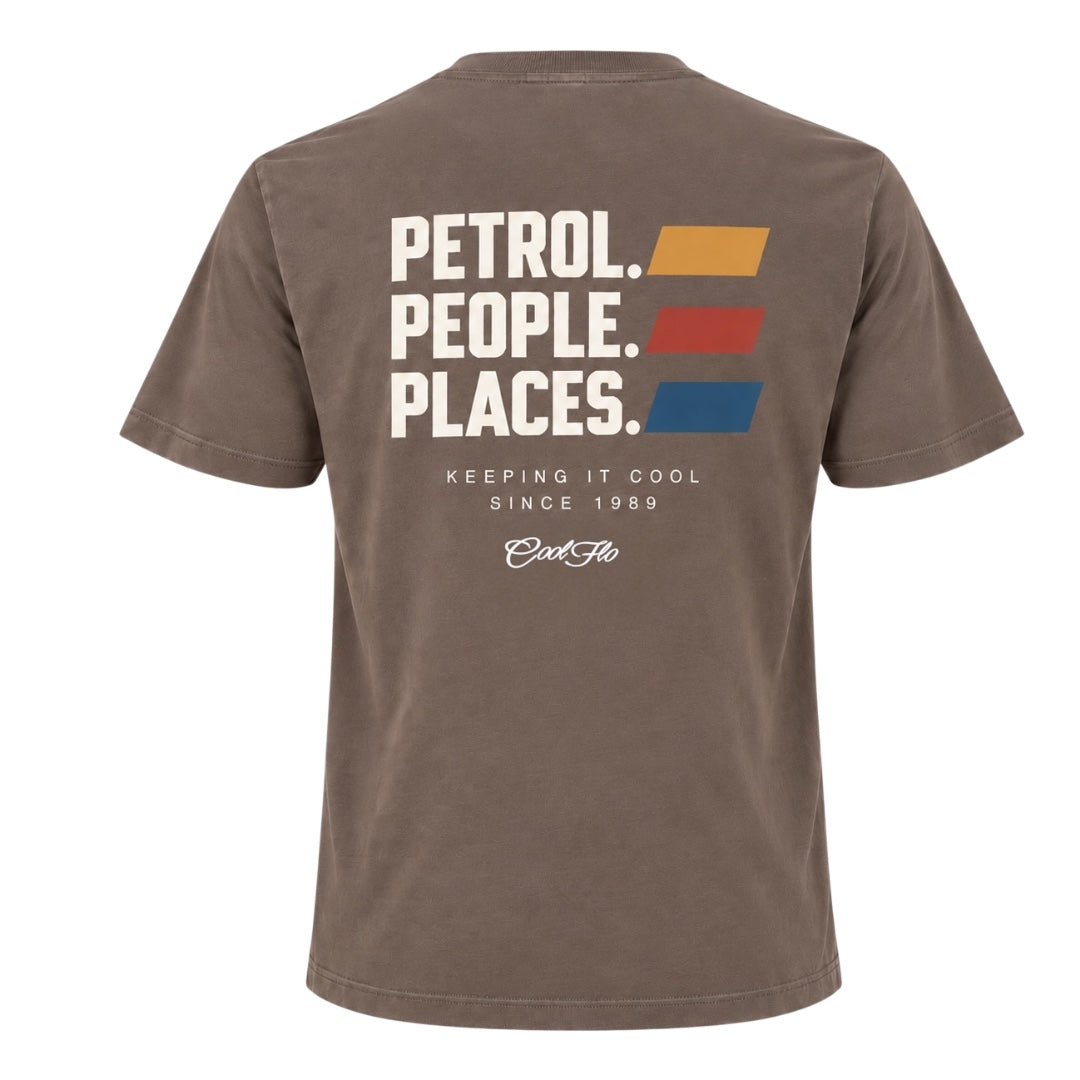 Back view of Mocha Cool Flo Petrol People Places T-shirt. White print with three yellow, red and blue lines to the side and the text Keeping It Cool and the Cool Flo logo in white below.