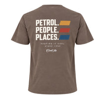 Back view of Mocha Cool Flo Petrol People Places T-shirt. White print with three yellow, red and blue lines to the side and the text Keeping It Cool and the Cool Flo logo in white below.