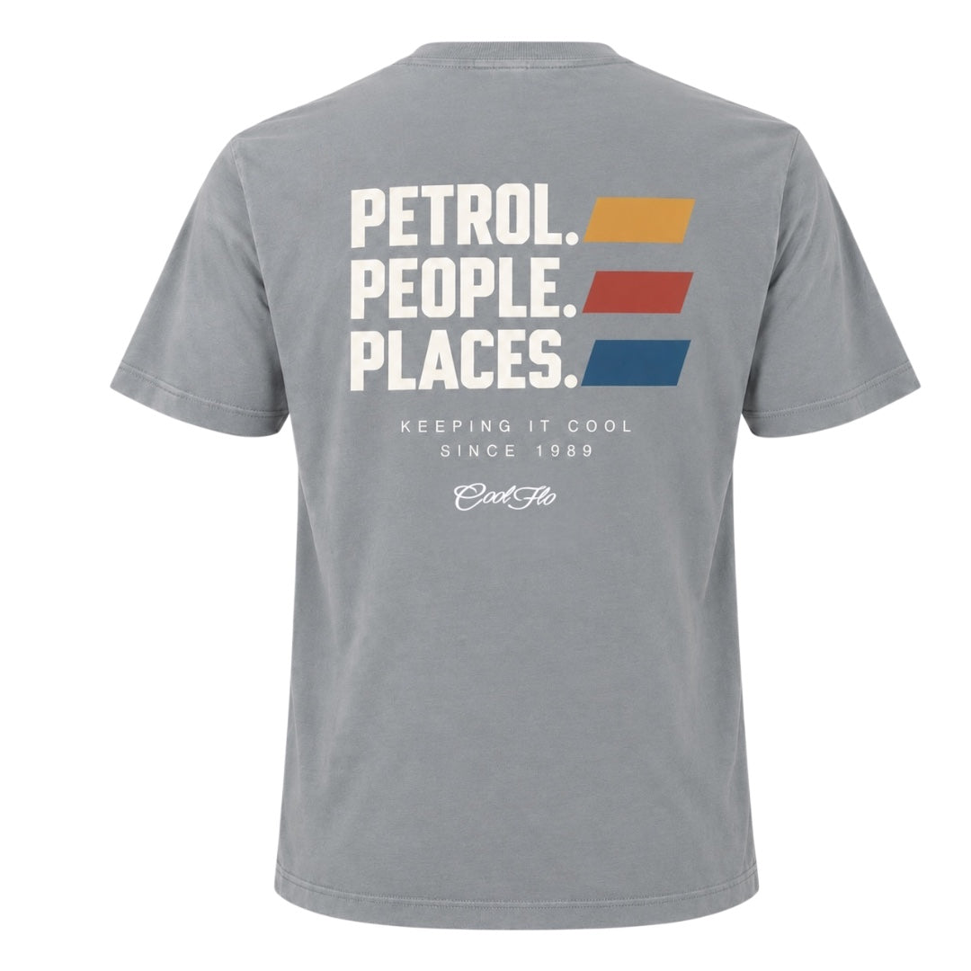 Back view of Grey Cool Flo Petrol People Places T-shirt. White print with three yellow, red and blue lines to the side and the text Keeping It Cool and the Cool Flo logo in white below.