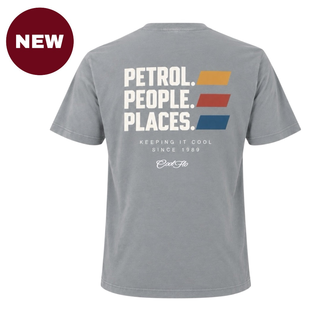 'NEW' Back view of Grey Cool Flo Petrol People Places T-shirt. White print with three yellow, red and blue lines to the side and the text Keeping It Cool and the Cool Flo logo in white below. 