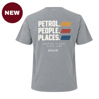 'NEW' Back view of Grey Cool Flo Petrol People Places T-shirt. White print with three yellow, red and blue lines to the side and the text Keeping It Cool and the Cool Flo logo in white below. 