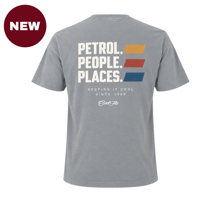 'NEW' Back view of Grey Cool Flo Petrol People Places T-shirt. White print with three yellow, red and blue lines to the side and the text Keeping It Cool and the Cool Flo logo in white below. 