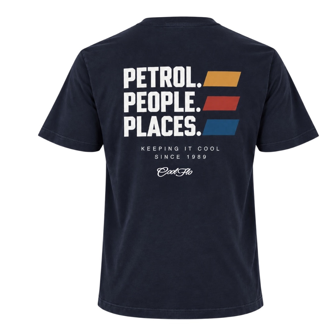Back view of Navy Cool Flo Petrol People Places T-shirt. White print with three yellow, red and blue lines to the side and the text Keeping It Cool and the Cool Flo logo in white below.