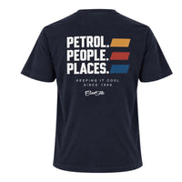 Back view of Navy Cool Flo Petrol People Places T-shirt. White print with three yellow, red and blue lines to the side and the text Keeping It Cool and the Cool Flo logo in white below.