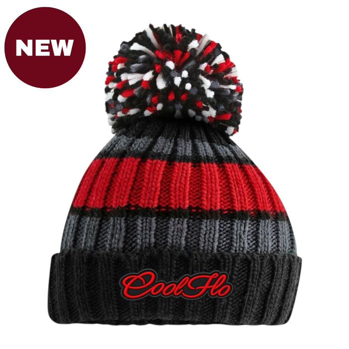 Chunky-knit bobble hat with script logo and large pom pom. Red and black.