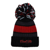 Chunky-knit bobble hat with script logo and large pom pom. Red and black.