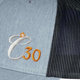C30 Heather Grey & Black Clockwork Orange trucker cap - close-up of embroidery