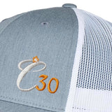 C30 Heather Grey & White Clockwork Orange trucker cap - close-up of embroidery