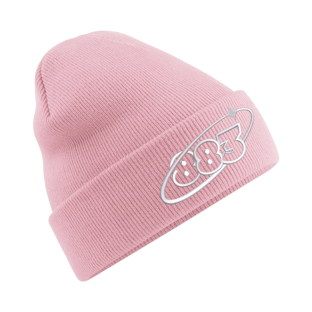 Centreforce pink beanie hat with an embroidered Orbit 883 white logo on the cuff.