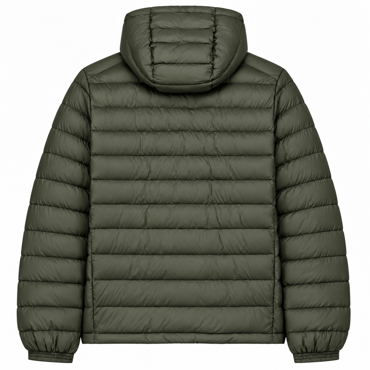 Back view of the Cool Flo Puffer Jacket in Khaki, showing the hood and quilted finish.