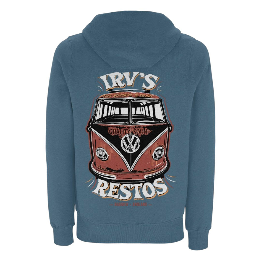 Irv's Restos double print teal hoody with Irv's logo left chest and a large 'Quality Sound' VW splitscreen bus design on the back. (Back image)