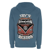 Irv's Restos double print teal hoody with Irv's logo left chest and a large 'Quality Sound' VW splitscreen bus design on the back. (Back image)