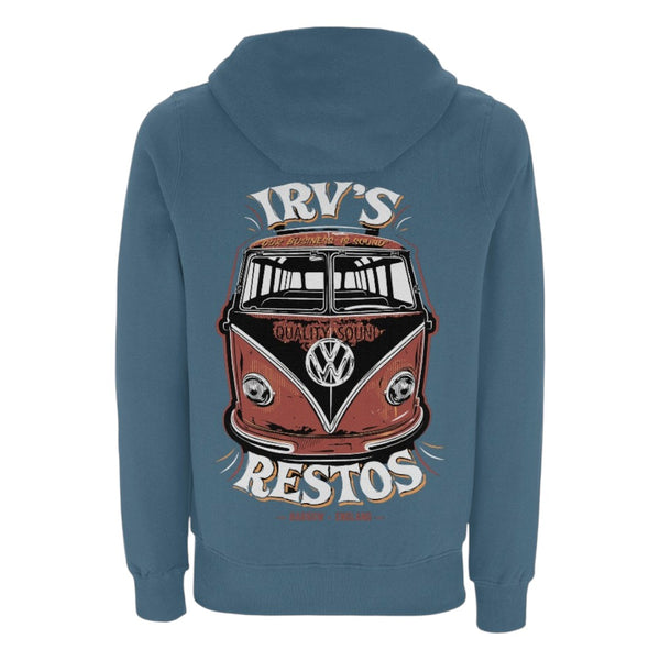 Irv's Restos double print teal hoody with Irv's logo left chest and a large 'Quality Sound' VW splitscreen bus design on the back. (Back image)