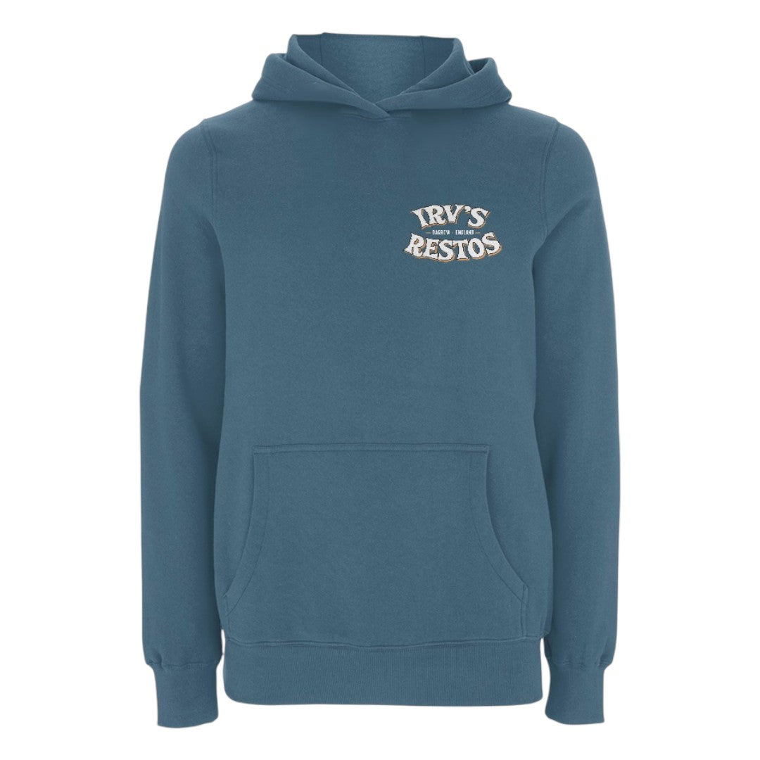 Irv's Restos double print teal hoody with Irv's logo left chest and a large 'Quality Sound' VW splitscreen bus design on the back. (Front image)