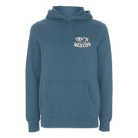Irv's Restos double print teal hoody with Irv's logo left chest and a large 'Quality Sound' VW splitscreen bus design on the back. (Front image)