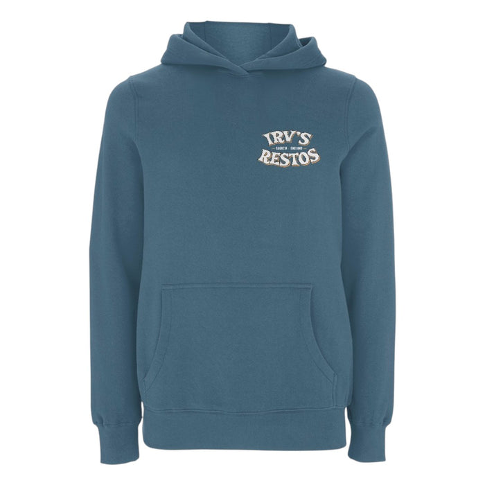Irv's Restos double print teal hoody with Irv's logo left chest and a large 'Quality Sound' VW splitscreen bus design on the back. (Front image)