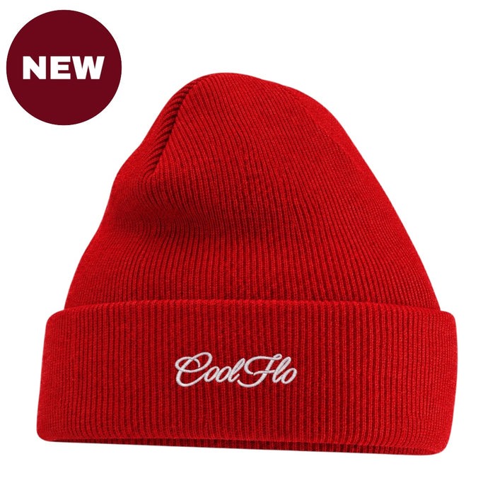 'NEW' Cool Flo Red beanie with white script logo embroidered on the cuff.