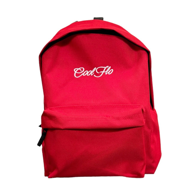 Classic red backpack with embroidered white Cool Flo logo on the front